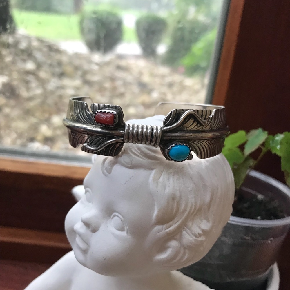 Sterling silver turquoise and coral cuff bracelet